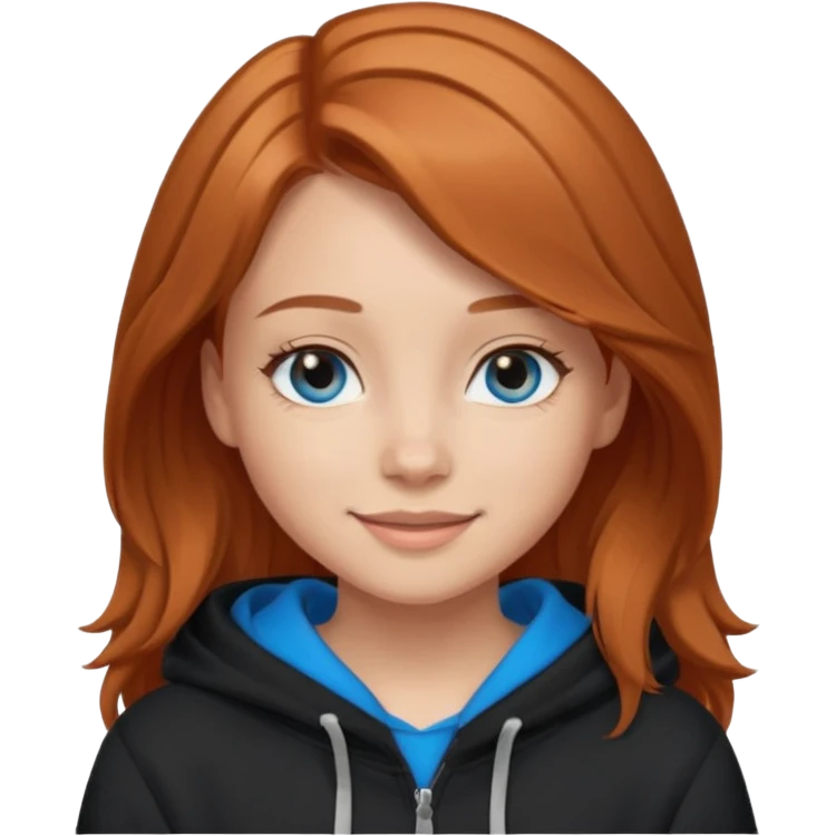 мила дівчинка зі світлим русим волоссям до грудей з голубими очами в чорному худі посміхається emoji