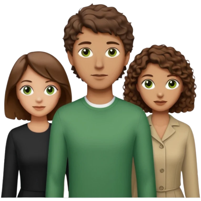 Man in the middle with brown hair and green eyes, women next to him with short brown hair with slight waves, taller women on right side with shoulder length curly hair and brown eyes emoji