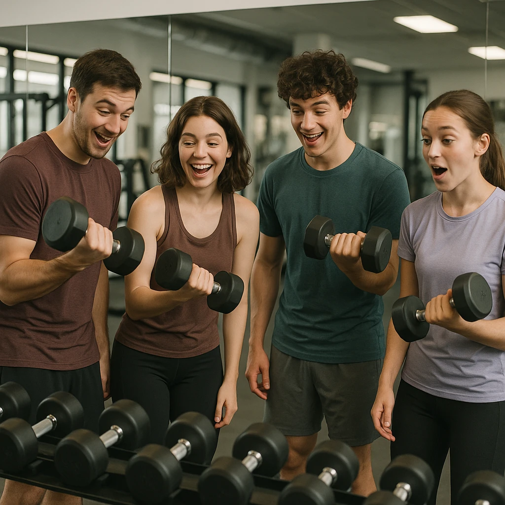 beginner in gym with friends, all wearing sportswear, trying dumbbell exercises, fun and discovery atmosphere, realistic details, background with mirrors and weight rack, 4K quality emoji