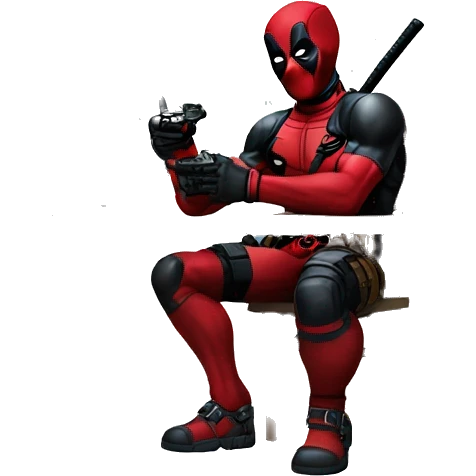 Deadpool holding xbox controller sitting at a desk, front view emoji