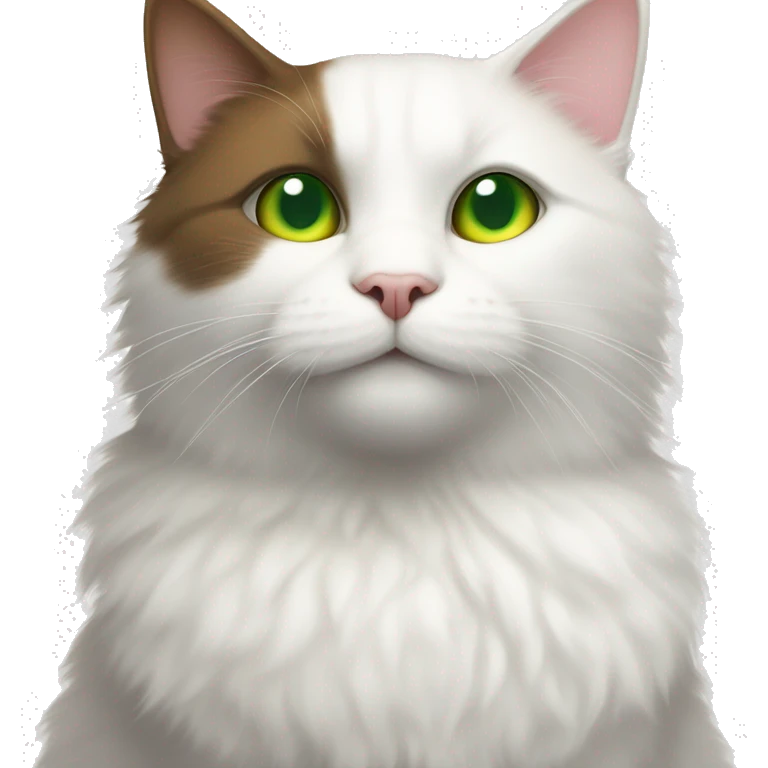a white cat with multi-colored spots and green eyes sits together with a fluffy brown cat with yellow eyes emoji