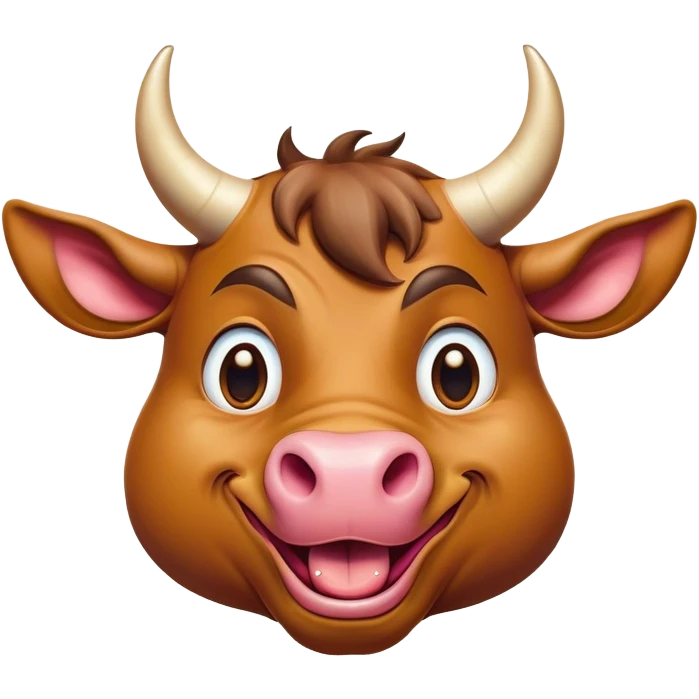Cinematic Comical Domestic Bull Portrait Emoji, Head tilted dramatically with an exaggeratedly amused expression, featuring a striking, glossy coat with boldly defined horns and wide, expressive eyes brimming with playful disbelief, Simplified yet hilariously expressive features, highly detailed, glowing with a slightly sassy, earthy glow, high shine, dramatic yet playful, stylized with an air of cheeky rural mischief, soft glowing outline, capturing the essence of a spirited and over-the-top domestic bull that looks ready to charge its way into internet fame instantly! emoji