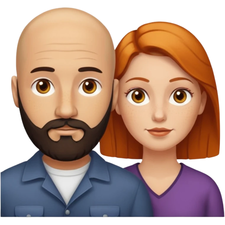 Couple. Bald man with dark brown-black beard. White woman with many small, faded freckles, she has white skin and she has auburn-yellow-brown-cinnamon, dark hair. She has light orange-brown eyes. The man have hazel eyes. Retro style. emoji