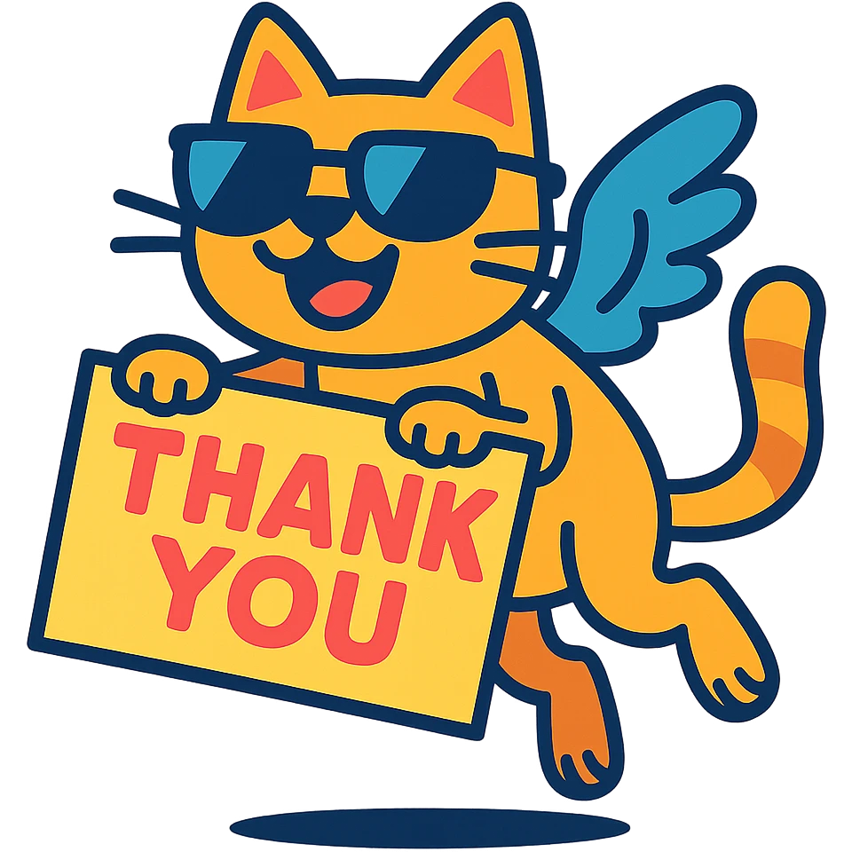 cheerful cat with wings and sunglasses, holding a thank you sign while flying emoji