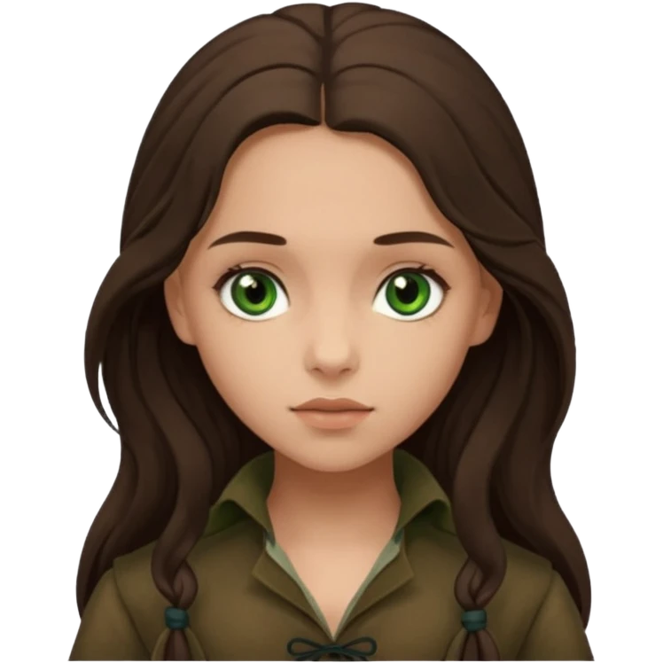Eponine From Les Miserables with light skin, green eyes, Dark Brown long Hair, brown outfit emoji