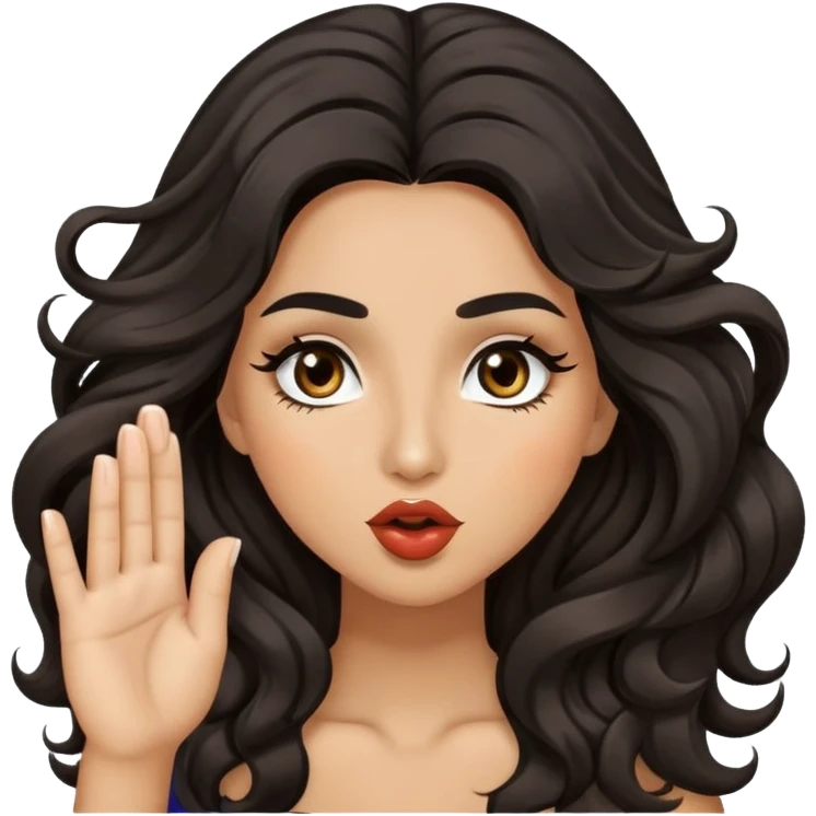 woman with olive skin, brown eyes and long lashes, and long black wavy hair blowing a kiss emoji