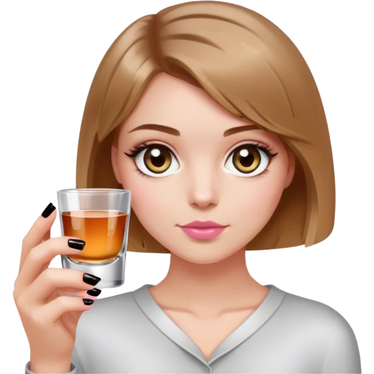 hazel eyes light brown hair white girl with short bob no bangs with a shot glass wearing black light pink nails emoji