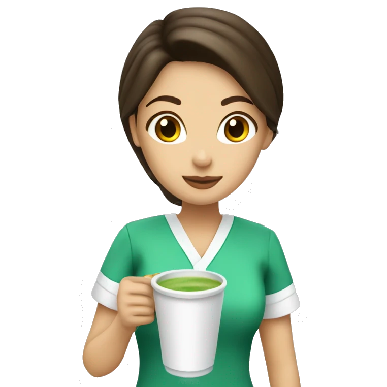 Brunette nurse drinking matcha latte emoji