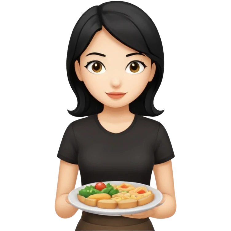 waitress with black hair and a food plate with a black tshirt emoji