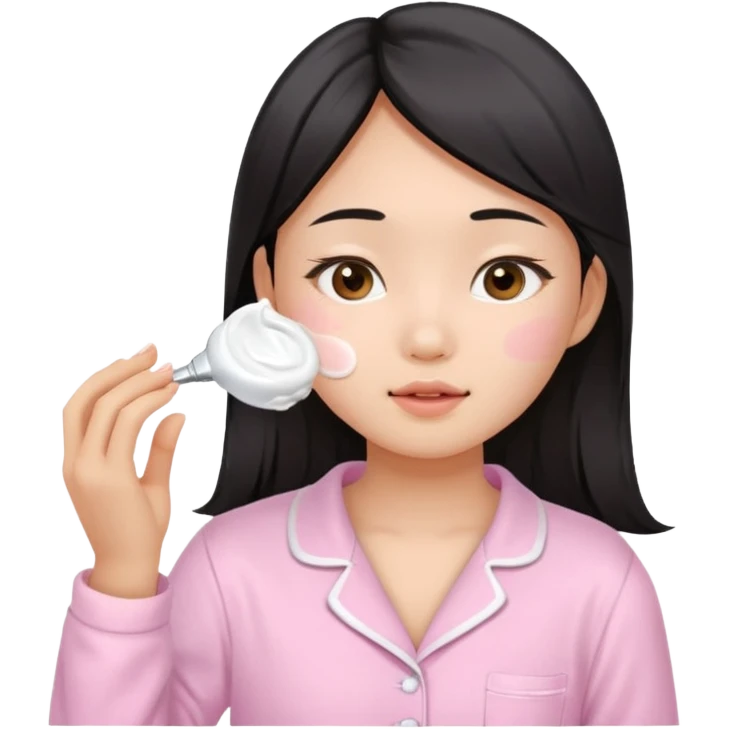 angelic asian girl doing skin care in baby pink pajamas, applying cream to her face emoji