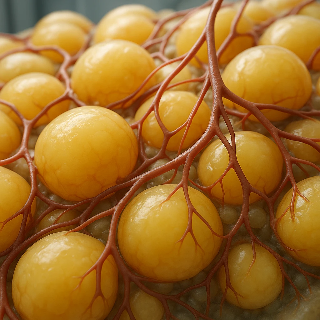 adipocytes with visible capillaries, hyper realistic 4K style, anatomical details, clinical atmosphere emoji
