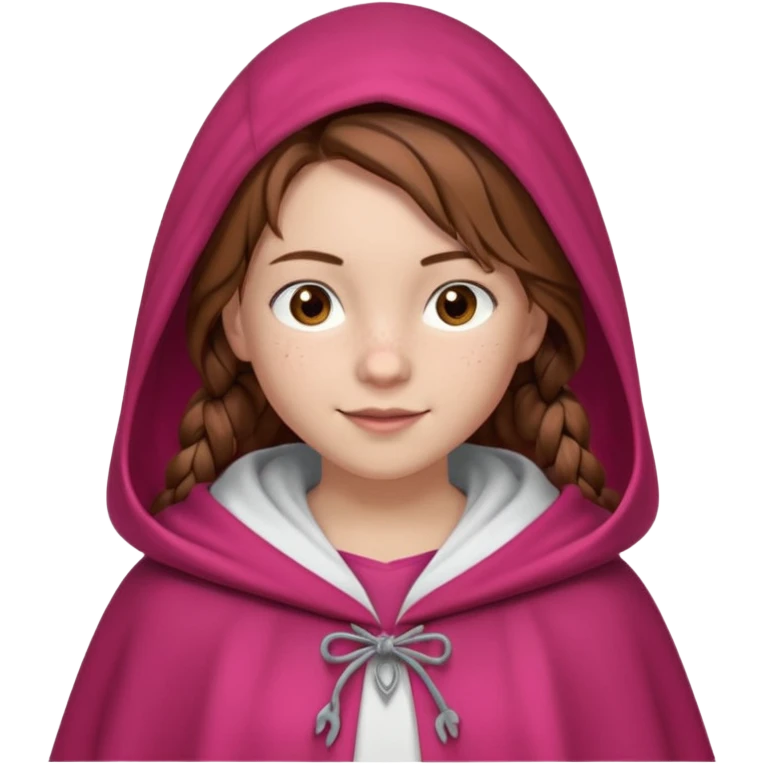 a 12 year old girl with fair skin, freckles, and brown hair done in French braids that come down to her breasts. she has a red hooded cape with the hood drawn. she has big, brown eyes and normal eyebrows. she has a pretty white t-shirt under her cloak. she has a warming smile with pale pink lips emoji