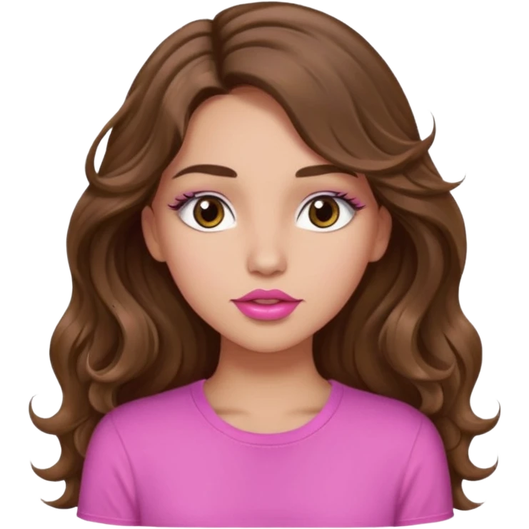 girl with long wavy brown hair, brown eyes, light to medium complexion, in a pink shirt, pink lips, long lashes,kissing emoji