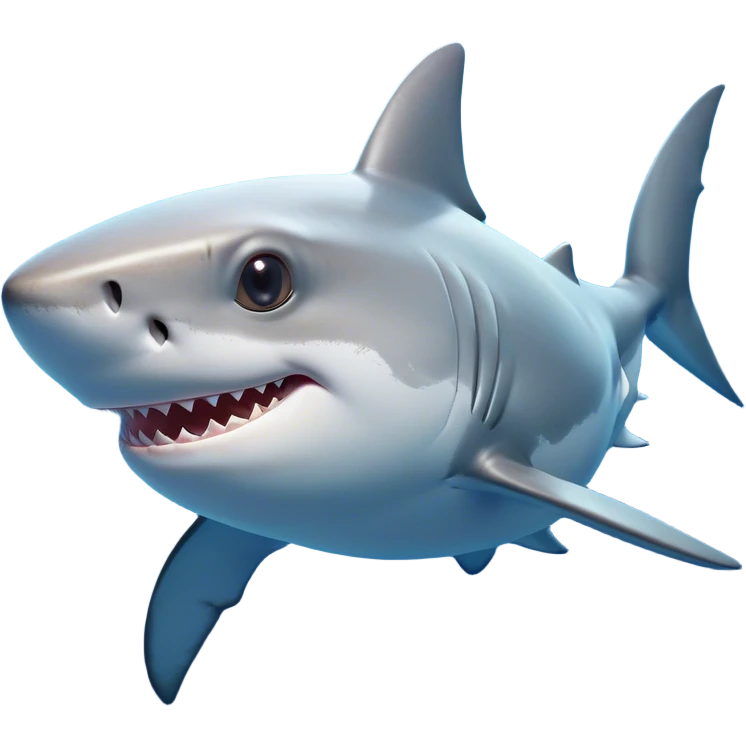 Cinematic Cute Shark Portrait Emoji, Head tilted playfully and inquisitively, featuring a glossy, streamlined body with a subtle shimmering hue and round, sparkling eyes filled with curious charm, Simplified yet irresistibly adorable features, highly detailed, glowing with a warm, friendly glow, high shine, affectionate and sleek, stylized with a touch of marine whimsy, bright and endearing, soft glowing outline, capturing the essence of a mischievous yet loving shark, so playful it feels like it could swim out of the screen into your arms! emoji
