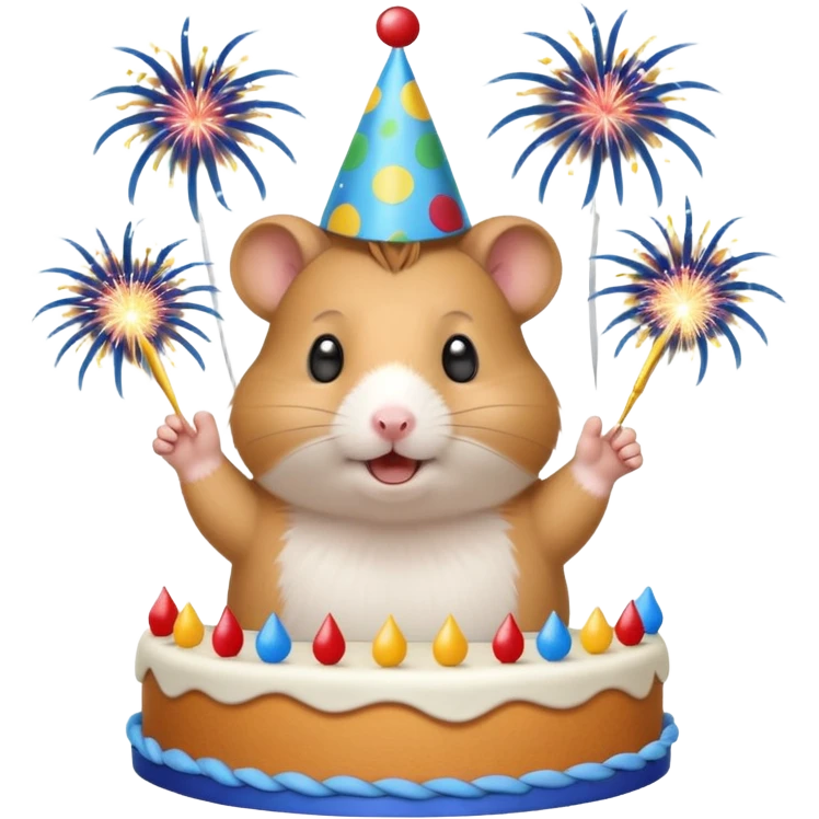 A hamster celebrating a birthday by throwing fireworks in front of a cake. emoji