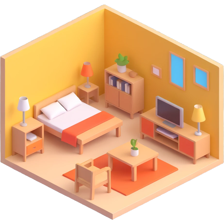 planned furniture, isometric view, colorful emoji