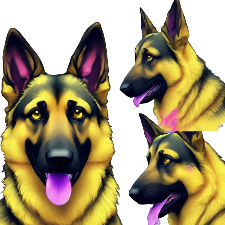 .Zombie_ Vaporwave black holographic oilslick zombie yellow German shepherd dog yellow caution tape graffiti stripes iridescent blue purple mane yellow stripes emoji