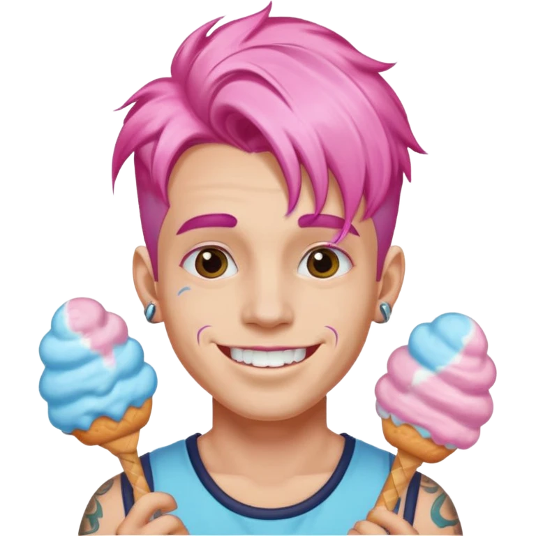 happy colorful cotton candy haired man with braces and tattoos and just face not holting anything emoji