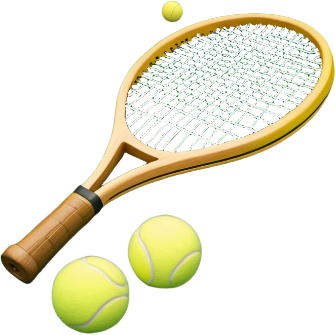 A detailed tennis racket resting on lush green grass beside a bright yellow tennis ball. The scene captures the essence of classic lawn tennis, with a crisp and clean background emphasizing the elegance and tradition of the sport emoji