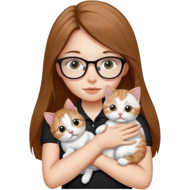 a girl with long brown straight hair, in a white a black polo t-shirt, with eyeglasses hugs a persian kitten 3 months old had a half spot black on her face and white one cat. emoji | AI Emoji Generator emoji