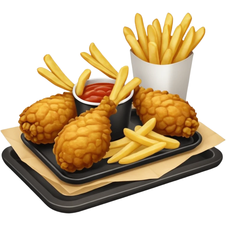 Piezas de pollo frito y papas fritas en baston sobre una bandeja rectangular plateada que contiene papel con patrón de cuadros blancos y negros  emoji