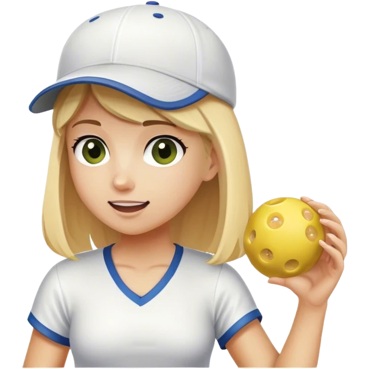 Girl with blond hair and wearing a white baseball cap playing pickleball emoji