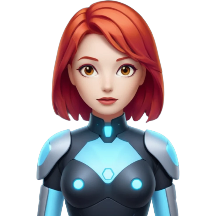 an AI agent, futuristic, digital, glowing, red hair, sexy dress emoji