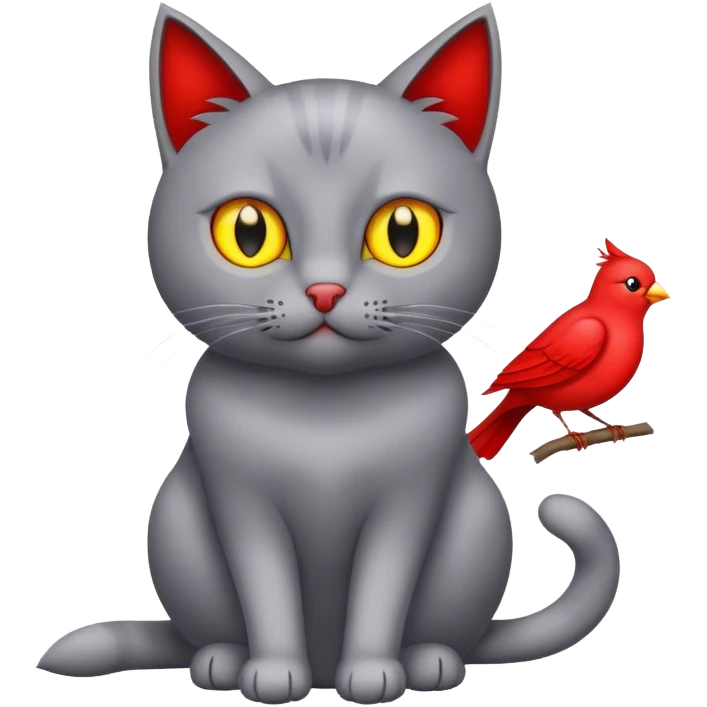 Grey cat watches red bird emoji