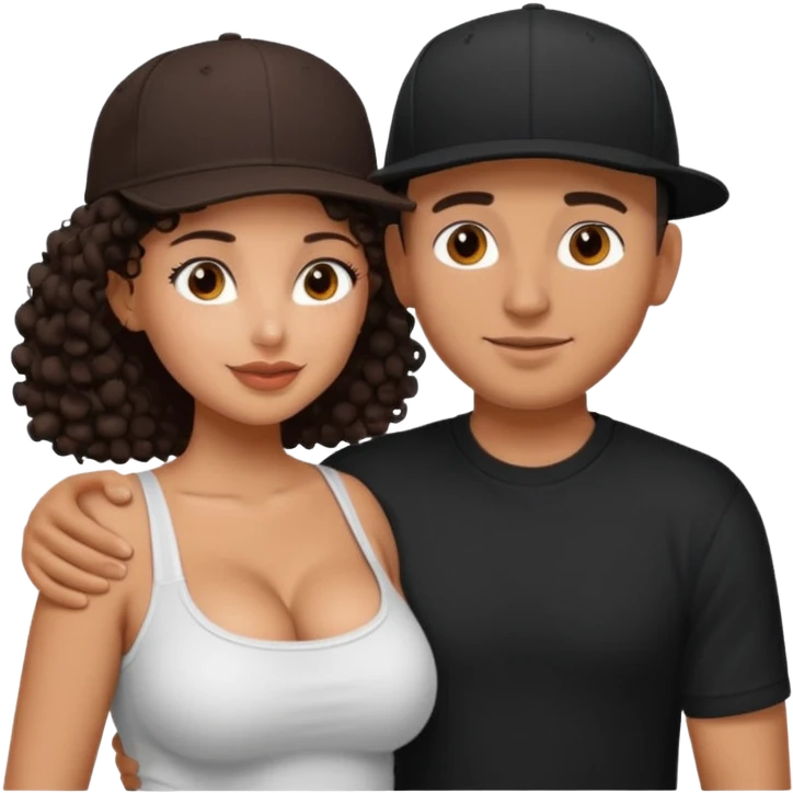 A picture of an embracing tanned couple. the man is a Mexican man with tanned skin, with a bald hair cut wearing a SnapBack hat and a black shirt. the woman has curly dark brown hair and with big boobs   emoji