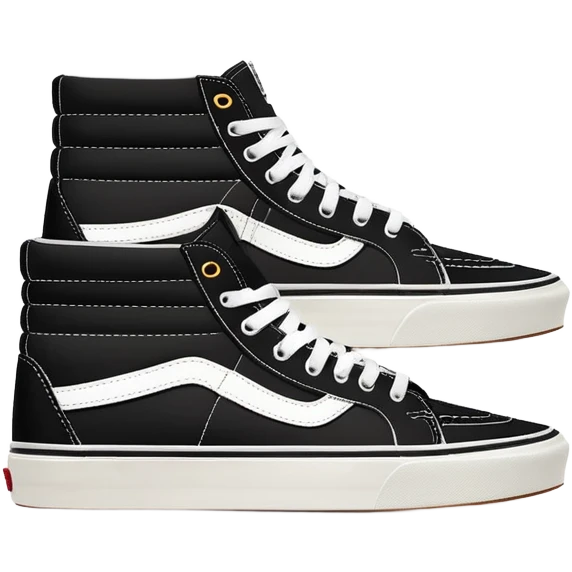Minimalist iOS-style emoji of a pair of black Vans Sk8-Hi sneakers, one behind the other, simplified flat design, clean lines, minimal details but with white side stripe emoji