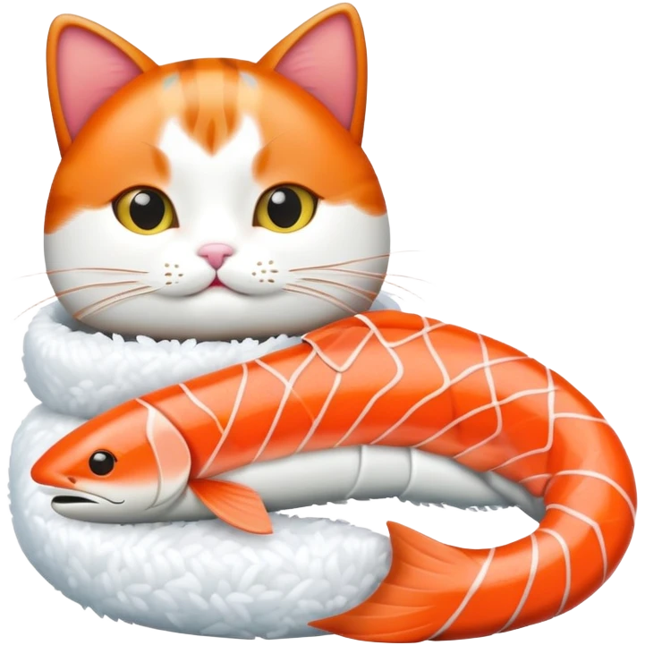 Cat as sushi with salmon back and body shaped with rice emoji