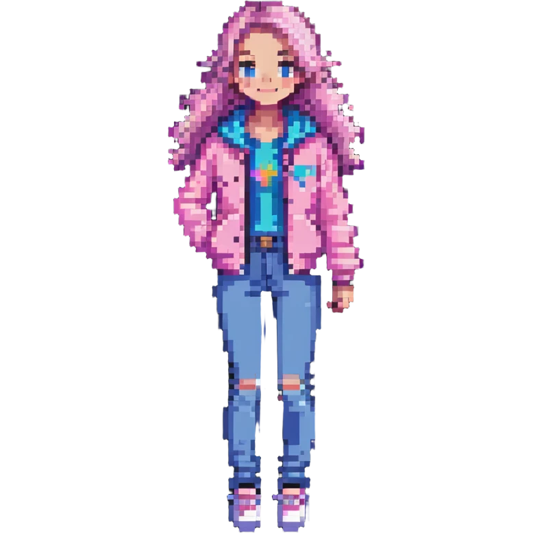 cheerful girl in a pink jacket and blue jeans, pixel art style emoji