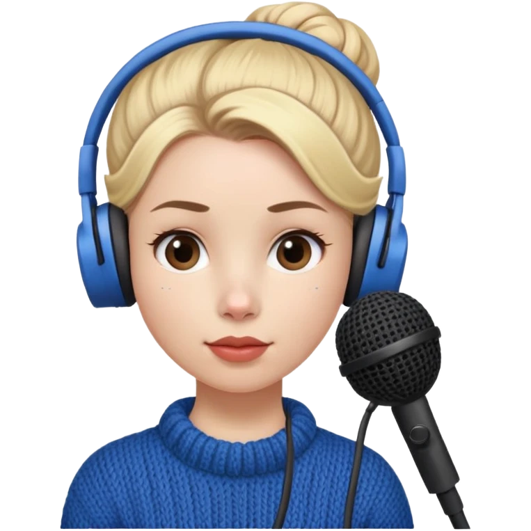 a cute face girl have bright white skin
and small natural reddish lips lips with
blue knitwear with a blonde ONE hair
bun and she is a podcaster in her
school. with recording microphone in
front of her not held and a headphone
in her head emoji