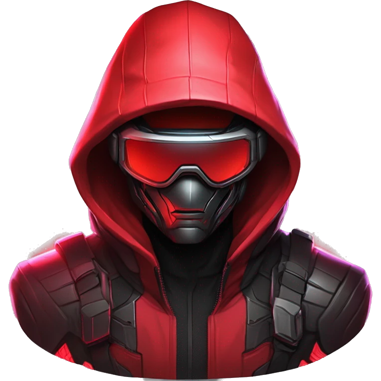 developer behind his laptop with this style : crysis Cyberpunk Riot Games Valorant neon glowing bright red character red dark black hooded assassin themed character emoji