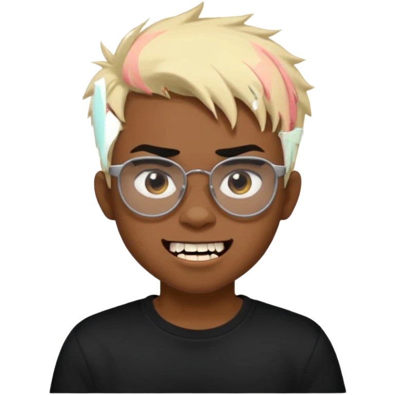 Black Male Teenager with Short punk messy blonde hair, Dark brown bushy eyebrows large expressive golden-brown eyes, wearing a plain white t-shirt, wearing thick black glasses, Dark Brown skin color. Showing off his singular vampire tooth emoji