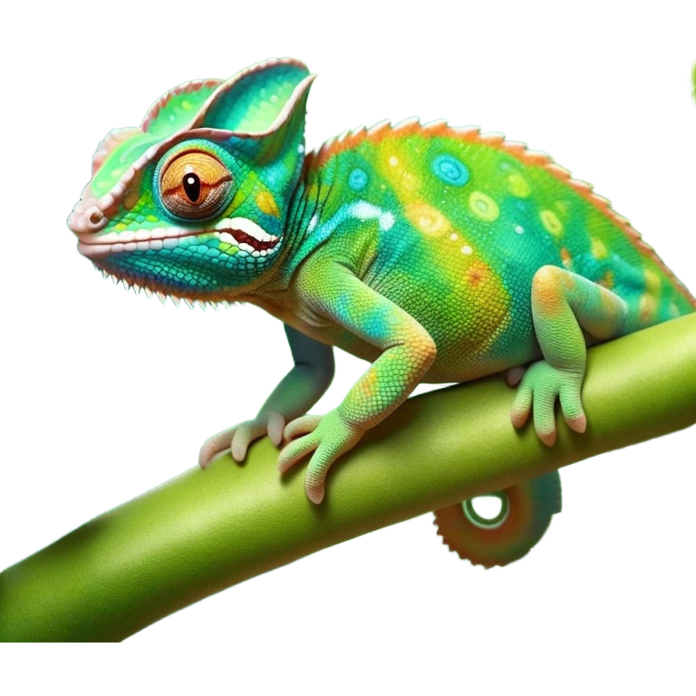 cinematic cute-smiling chameleon-realistic emoji,-blending-with-vibrant-greenery.-detailed-scales-in-shifting-colors,-showing-the-chameleon’s-ability-to-camouflage.-soft-natural-light-highlights-its-texture.-nature-background, zoomed into its face emoji