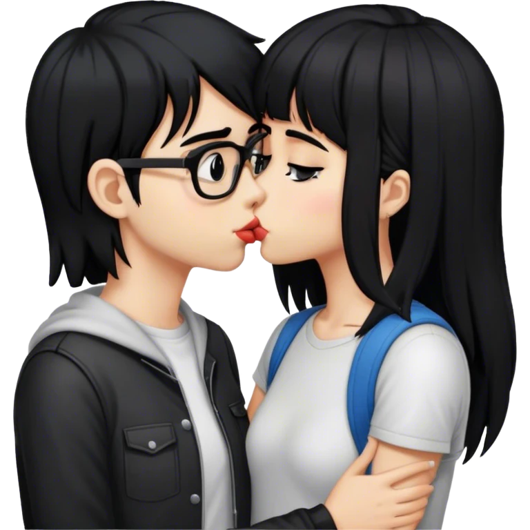 nerd kissing black hair emo girl without glasses emoji
