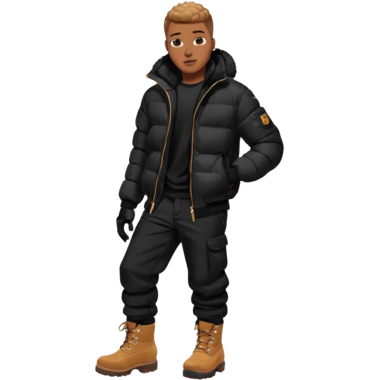 Handsome Black grown man with brown skin tone, wear black joggers, a black bubble coat, and buckwheat timberland boots, and black gloves emoji