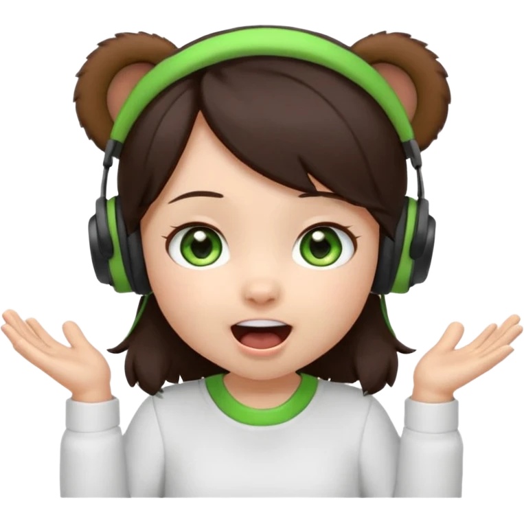 Animated emoji, Chibi girl, dark brown hair, green eyes, wearing a white shirt and small brown bear ears on a black headset, with wide happy surprised eyes and mouth and clapping excitedly emoji
