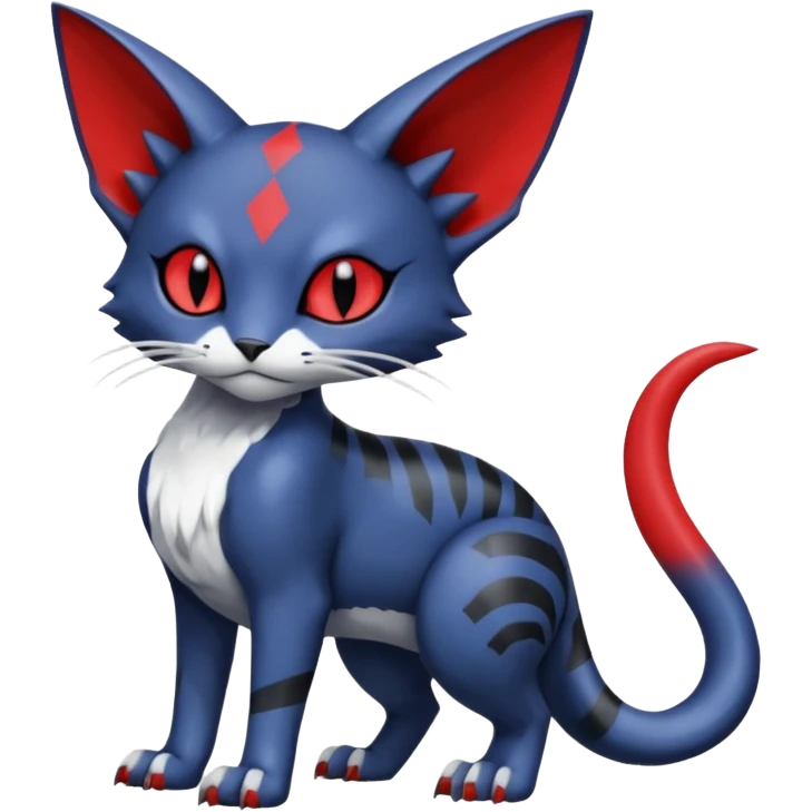 midnight blue-gray-black, with red markings, white belly, scaley Bastet-Noibat-Gatomon-Digimon-Fakémon-Pokémon-creature (full body) emoji