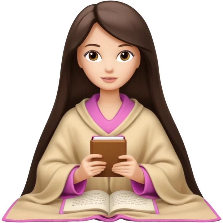 White Barbie girl with a long straight dark brown hair inside a beige blanket is writing a book emoji