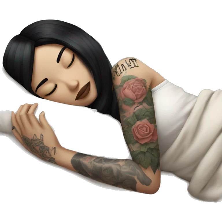pale girl with black hair and tattoos on her arms sleeping emoji