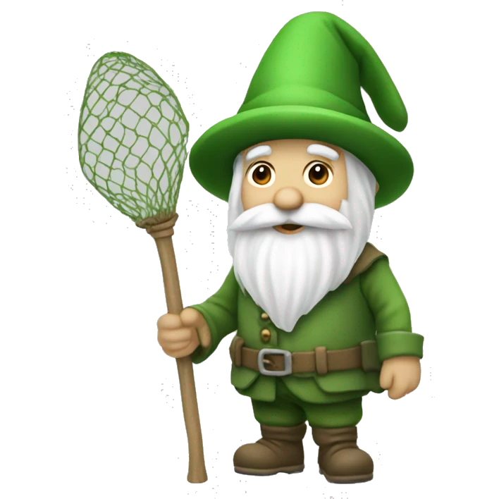 a green gnome with a white beard a fullbody green  cilinder hat and a landing net in the left hand emoji