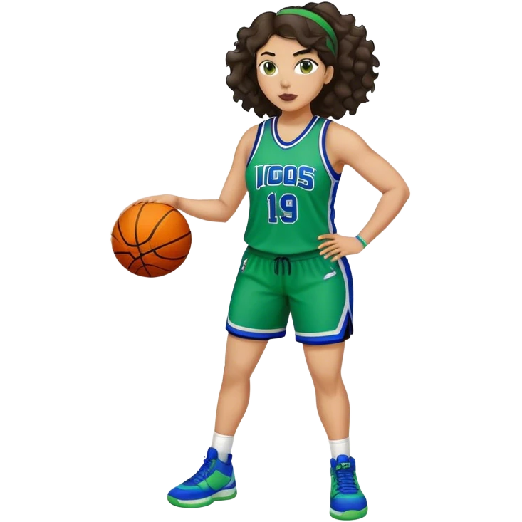 full body plus size light skin latino women basketball player with wavy dark hair large wide nose wearing blue with green uniform emoji