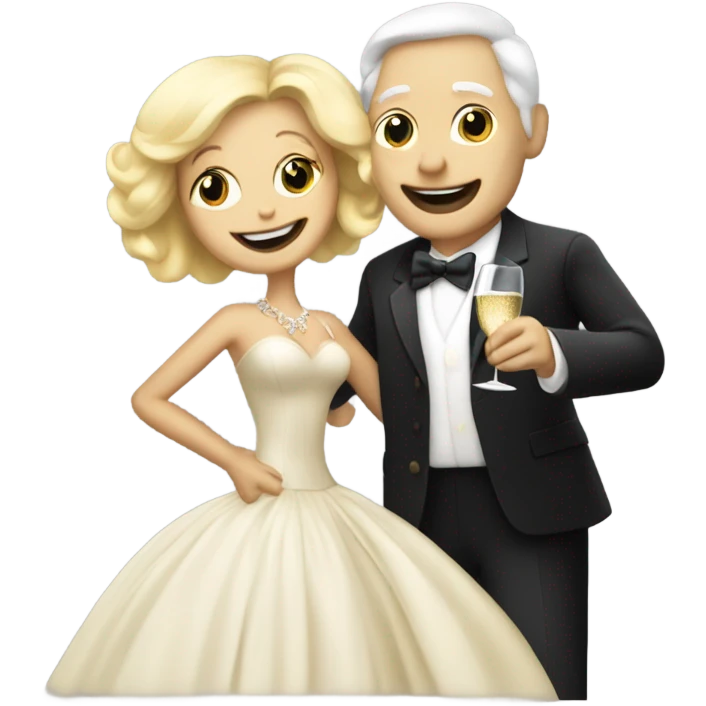 A sixty years man and a blonde woman dansing with a bottle of champagne by night emoji