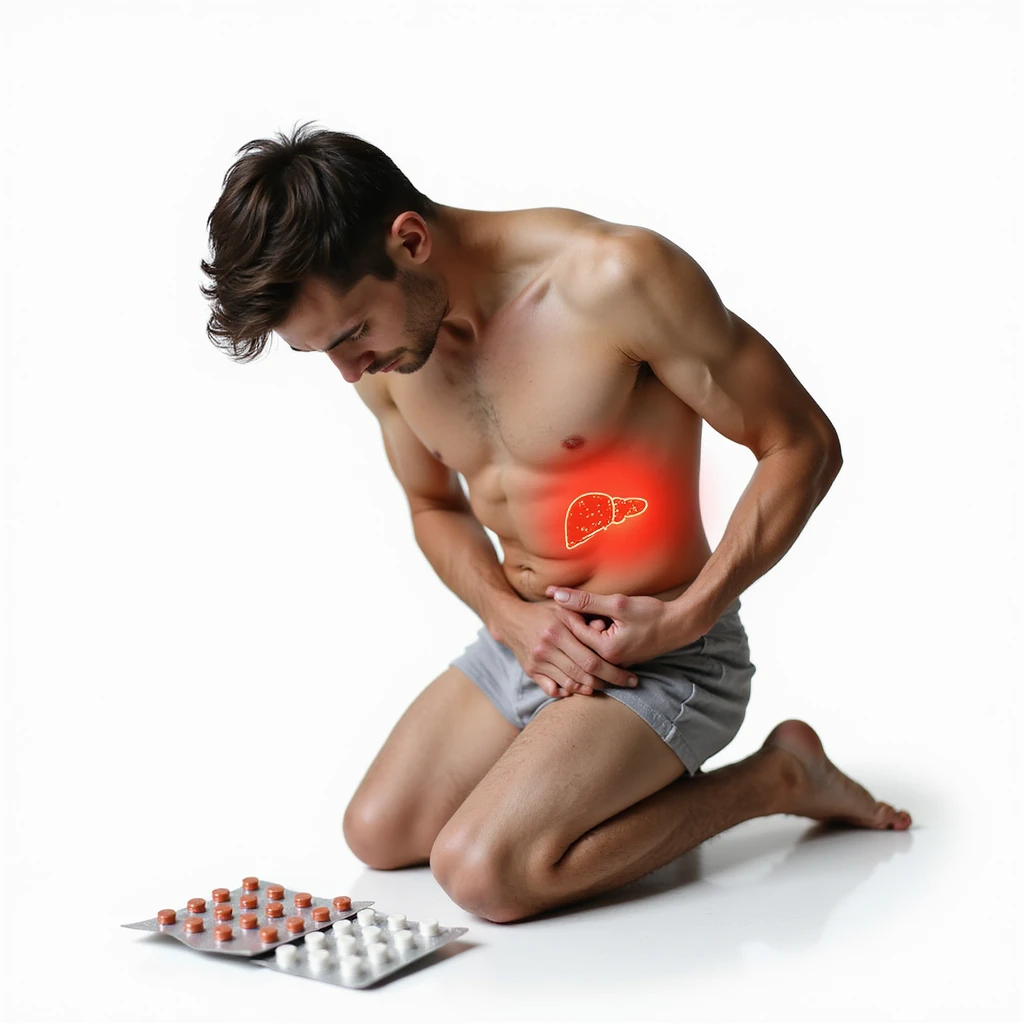 muscular young man bending in pain touching right side, blister packs of pills on ground, liver area highlighted in red, realistic details, isolated on white background emoji