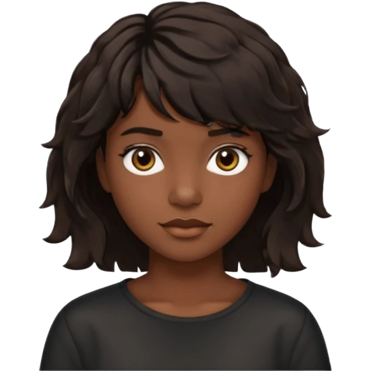 À emoji that don’t smile Dark brown thick hair, medium-length textured top with loose natural waves, short tapered sides, soft messy fringe, natural volume emoji