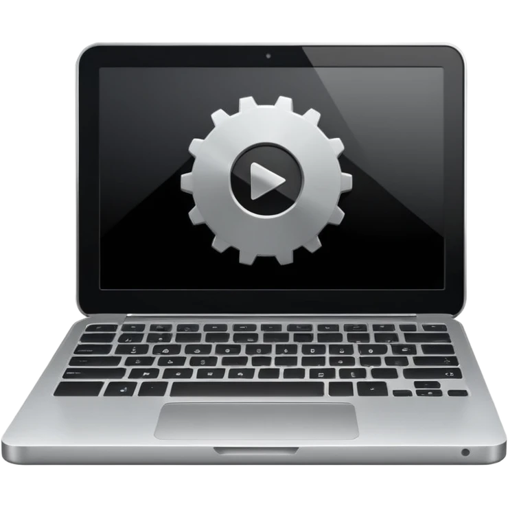 laptop with a play button and gear above emoji