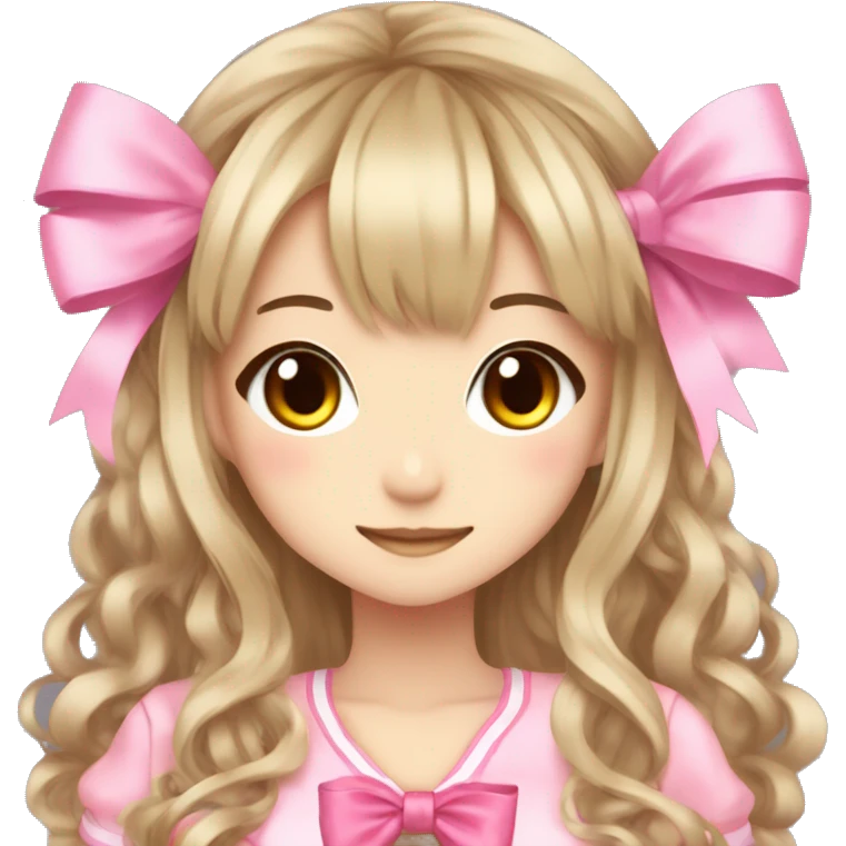 hime gyaru girl, dark blonde hair, pink clothes, ribbons, blush emoji