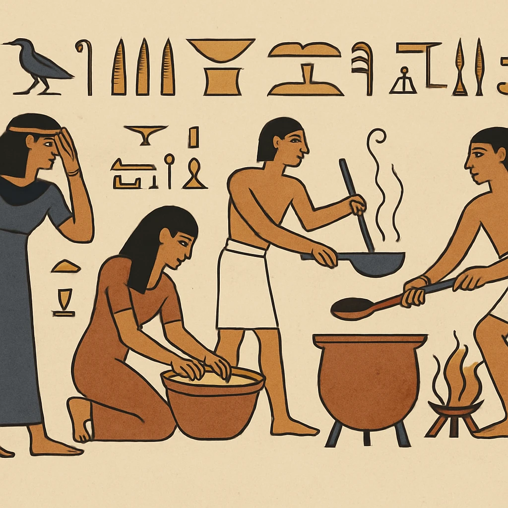 ancient Egyptian cooking scene in hieroglyphic style emoji